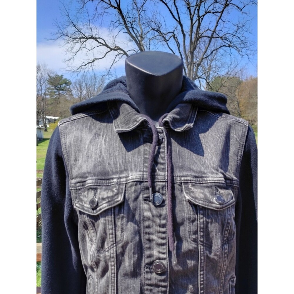 American Eagle Black Denim Hoodie Trucker Jacket Size Medium - Picture 3 of 9